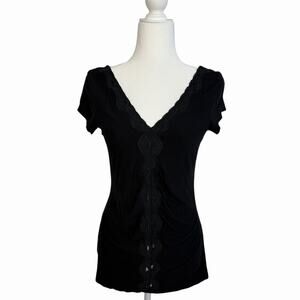 Bogari Womens Y2K Longline V-Neck T-Shirt Silk Blend Ruched Black M Bella Elena